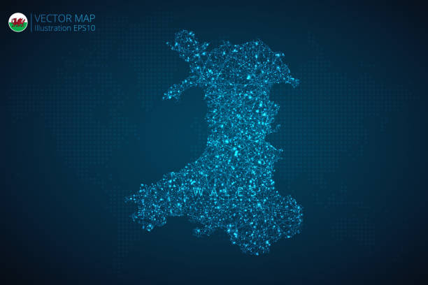 暗い青の背景に抽象的なデジタル技術メッシュの多角形を持つウェールズのモダンデザインのビジネスマップ - wales cardiff map welsh flag点のイラスト素材／クリップアート素材／マンガ素材／アイコン素材
