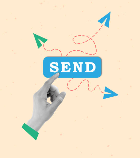 istock Contemporary art collage of hand presses the send button. 1676302337