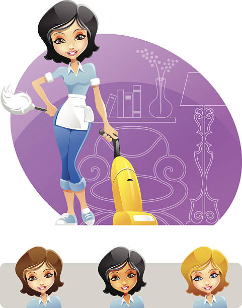 Cameriera o Donna delle pulizie con Spolverino e Aspirapolvere - illustrazione arte vettoriale