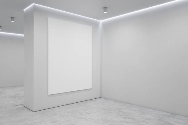 istock Modern light concrete gallery interior with blank white mock up poster on wall. Art and display concept. 3D Rendering. 1676310518