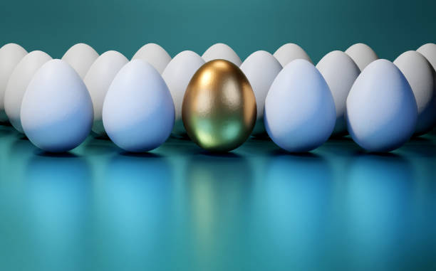 istock Concept of individuality, exclusivity, better choice. One golden egg among white eggs 1676312772