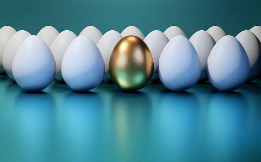 Concept of individuality, exclusivity, better choice. One golden egg among white eggs, 3D render