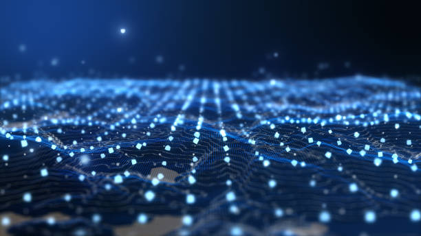 istock Futuristic flying over 3D blue digital landscape mountain terrain abstract technology background. 1676316116