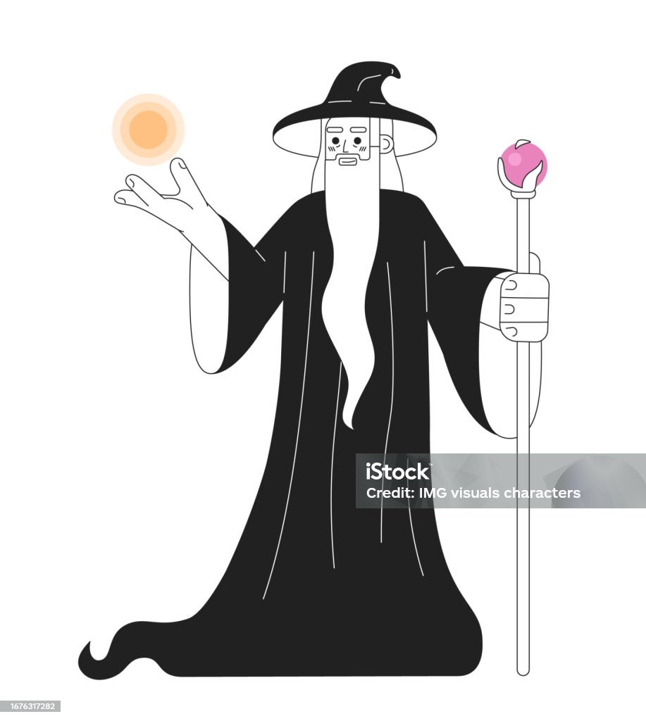 Wizard Getting Powers Wizard With Magic Powers Monochromatic Flat Vector Character Stock ...