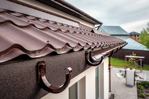 Newly installed roof gutter stock photo