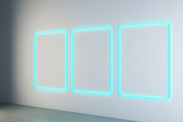 istock Simple light neon blue gallery interior with mock up frames on concrete wall. Future concept. 3D Rendering. 1676334666