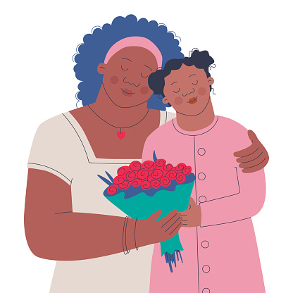 Cute mother and daughter with a bouquet of flowers are hugged. Dark-skinned peoples. Vector isolated illustration for design. Birthday or Mother's Day.