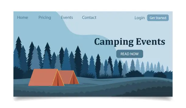 Vector illustration of Camping events. Tourist tent against the backdrop of a forest landscape. Banner, template, landing page