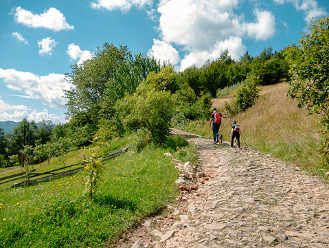 Family walk in Zakarpattya village Carpathian mountains view Ukraine Europe Scenic landscape green spruce trees sunny day Eco Local countryside tourism. Father and daughter with dog hiking Cottagecore