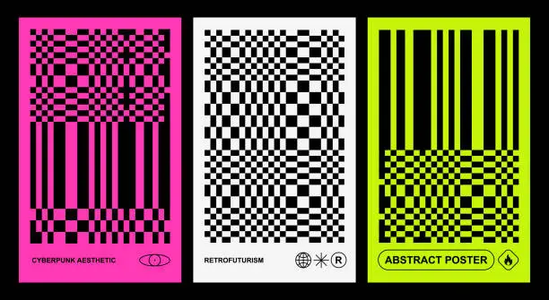 Vector illustration of Retro cyber minimal geometric prints. Neo brutalism, Glitch effects, Op-art illusion. Neon color, Black grid. Brutal Vaporwave posters, Cyberpunk aesthetic, modern graphic design. QR Barcode, icons
