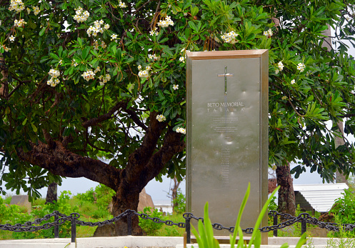 Betio motu, South Tarawa Atoll, Gilbert Island, Kiribati: stainless steel plaque - Memorial to the seventeen coastwatchers and five civilians captured in the Gilbert Islands (now Kiribati) who were beheaded on Tarawa on 15 October 1942 (17 New Zealanders, two Australians, and three British nationals) - These coast-watchers were taken prisoner by the Japanese and later executed following an American air raid on Betio during World War II - designed and constructed by the Office of Australian War Graves, Department of Veterans Affairs to commemorate the 60th anniversary of the atrocity. Temakin Cemetery with frangipani / plumeria tree in the background.