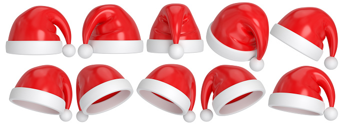 Cartoon santa hat set. Isolated elements for christmas design. 3D rendering
