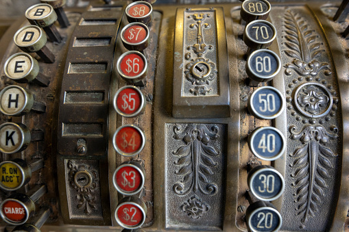 Close-up of keypad of an old electric calculating machine.