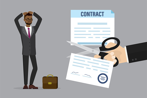 Hand of boss or entrepreneur uses scissors and cuts business contract. Refusal to cooperate. Shocked business partner or employee. Cancellation of work contract. Breaking partnership. Flat vector