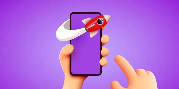 Vector illustration of Cute cartoon hand holding mobile smartphone with launching rocket. Social media and marketing concept.