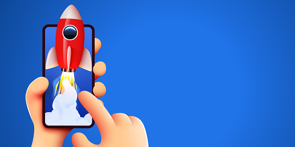 Cute cartoon hand holding mobile smartphone with launching rocket. Social media and marketing concept. Vector illustration