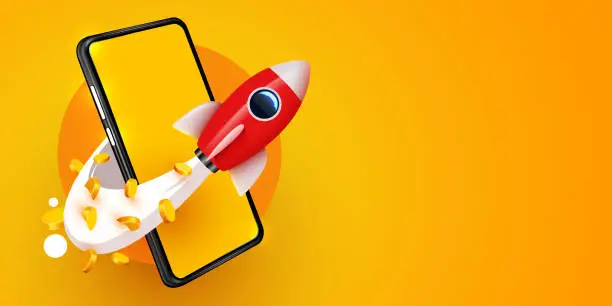 Vector illustration of Smartphone with flying rocket and golden coins. E-commerce concept.