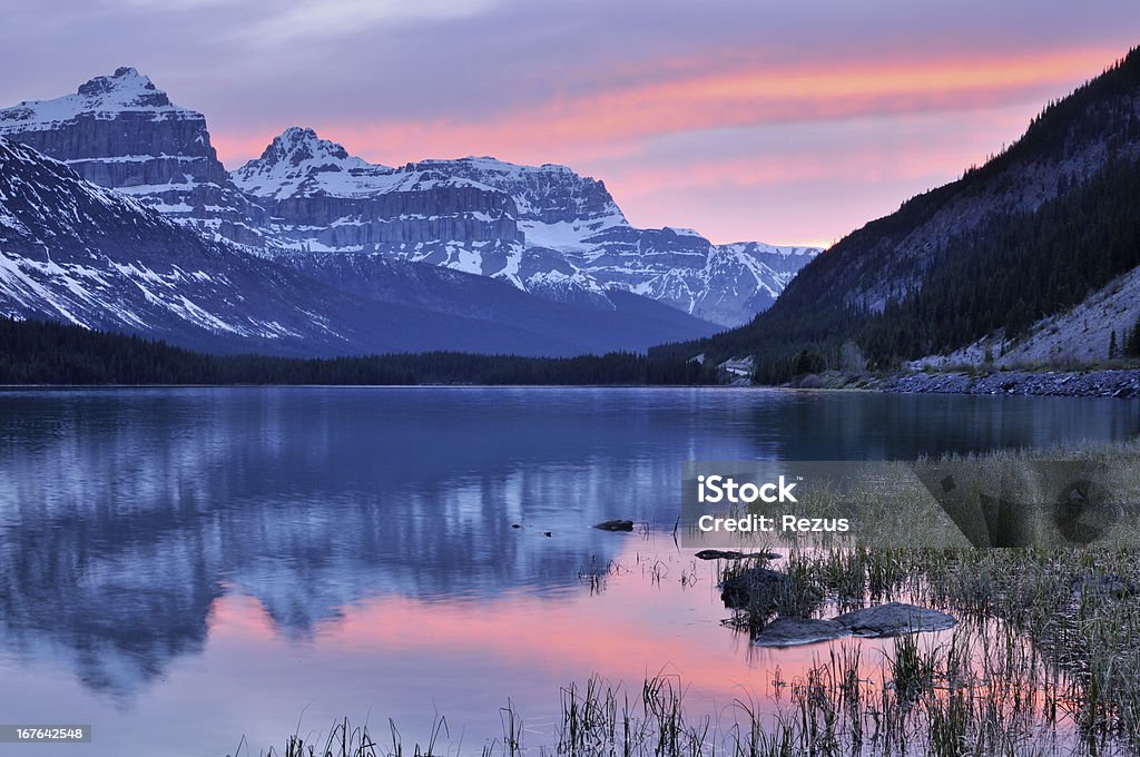 Zmierzch górski Krajobraz z odbicie, Kanadyjskie Rokies Jezioro Waterfowl - Zbiór zdjęć royalty-free (Szczyt górski)
