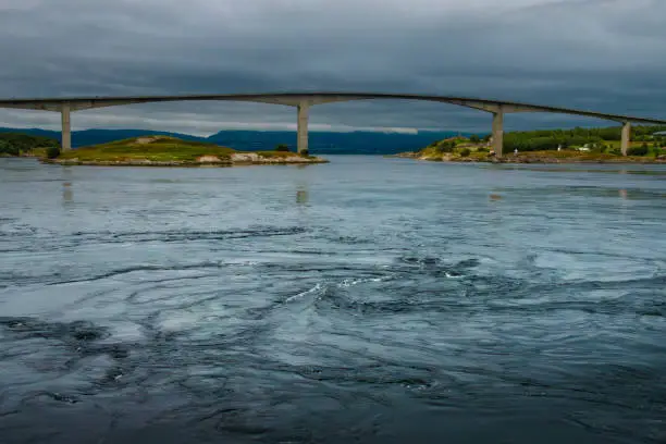 Photo of Large vortices, whirlpools or maelstroms in Saltstraumen strait with one of the strongest tidal currents in the world, near BodÃ¸ in Nordland county, Norway.