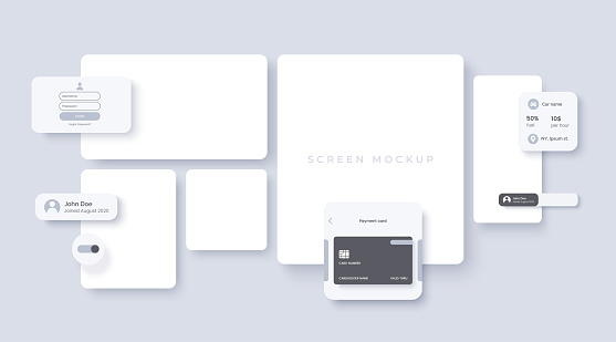 Vector mockup to demonstrate the design of a mobile application or website. Blank white screens of different sizes with soft shadow. Background for the presentation of Ux Ui.