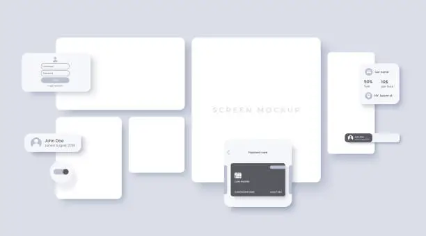 Vector illustration of Vector mockup to demonstrate the design of a mobile application or website. Blank white screens of different sizes with soft shadow. Background for the presentation of Ux Ui.