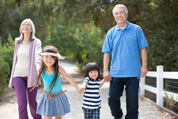 couple de retraités et petits-enfants marchant en plein air - generation gap multi generation family vertical holding hands photos et images de collection