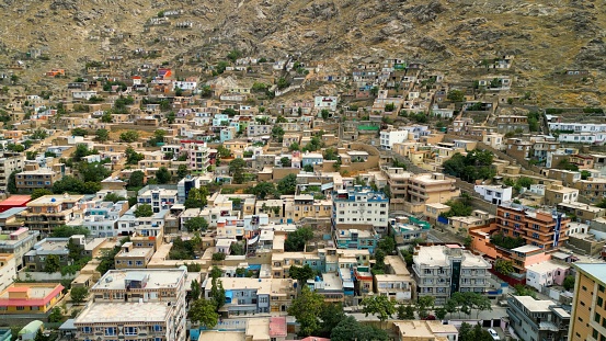 Aerial view of houses on the hills in Kabul city Afghanistan