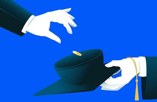 Hand throwing coin into graduate cap. Student loan problems, unemployment concept. Vector illustration.