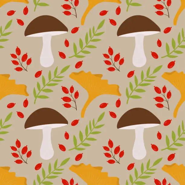Vector illustration of A pattern with mushrooms and autumn leaves. Seamless pattern with mushrooms, plants, berries. Background for textiles or book covers, wallpaper, design, graphics, printing, hobbies, invitations.