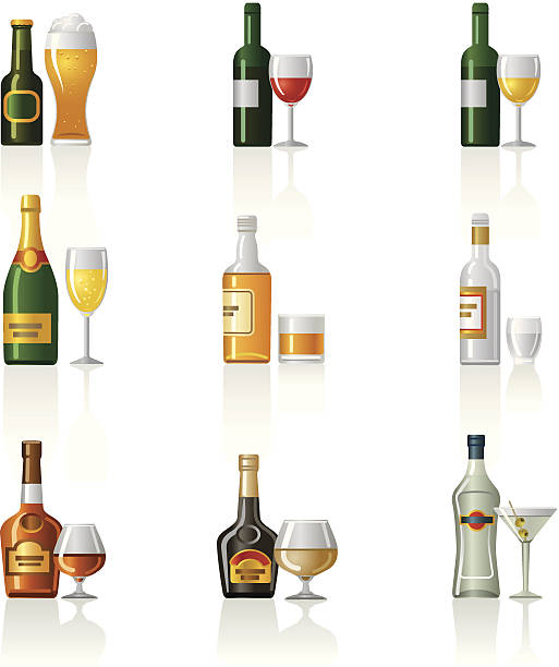 illustrazioni stock, clip art, cartoni animati e icone di tendenza di icona set di bevande alcoliche - whisky shot glass glass beer glass