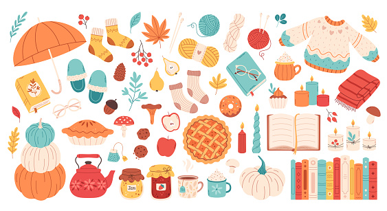 Autumn set of cute and cozy design elements. Fall mood. Autumn plants, food, harvest festival and thanksgiving day attributes. Vector illustration