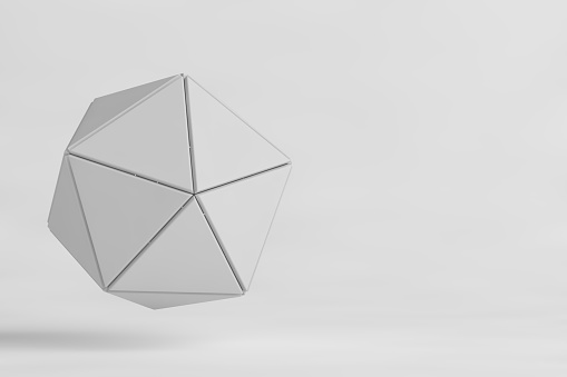 White game dice having different number of faces floating in mid air on white background in monochrome and minimalism. Illustration of the concept of desktop board games