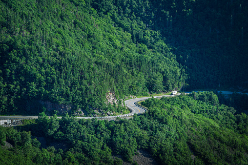 VR vehicule driving the curves of Cabot trail on the Cape Breton Island, Nova Scotia, Canada