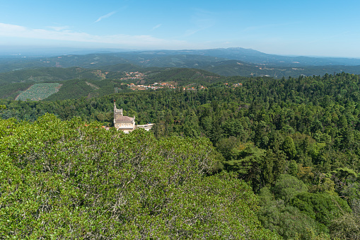 View at the Palace of Bucaco with garden in Portugal. Palace was built in Neo Manueline style between 1888 and 1907.