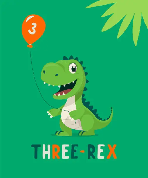 Vector illustration of Dinosaur Tirannosaur Three Rex. Cartoon Tirex. Happy Birthday Card for a Child for Three Years. Vector Cute and Funny Cartoon Hand Drawn Dinosaur Holding Balloon. Kids, Children s Illustration, Print