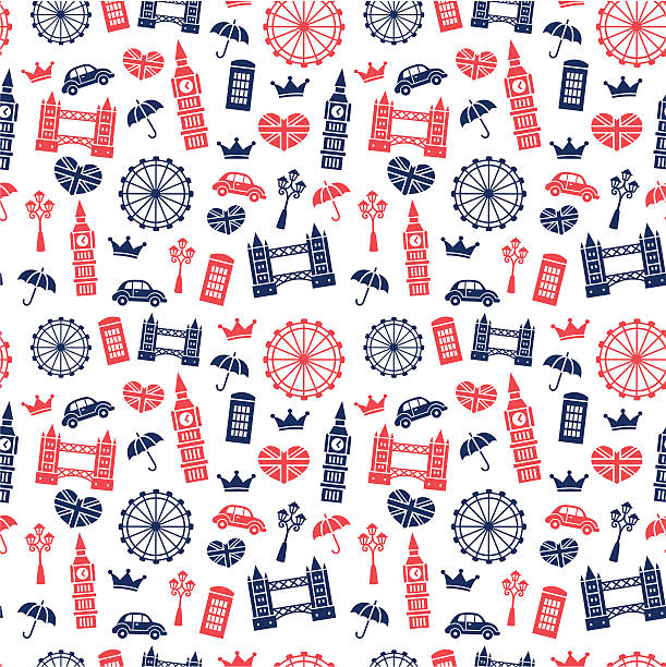 British Symbols Pattern EPS 8. British symbols pattern. blue pay phone stock illustrations