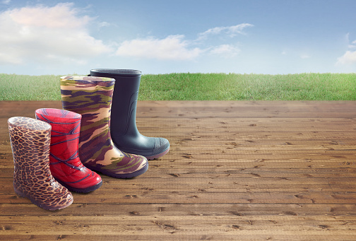 Group of rain boots for the family on a deck with lawn and the sky in the background