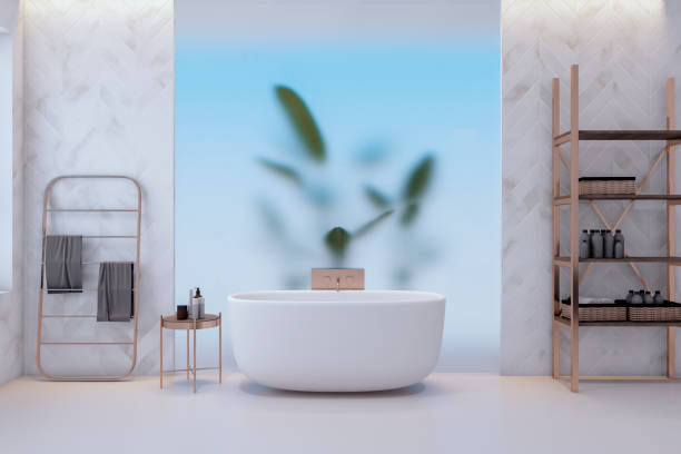 istock Clean light stylish bathroom interior with decortaive plant, glass and other objects. 3D Rendering. 1676562727