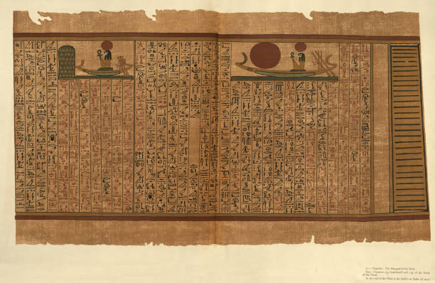 Ancient Egyptian Book of the Dead, Papyrus of Ani, Sun god Ra on the solar barque vector art illustration