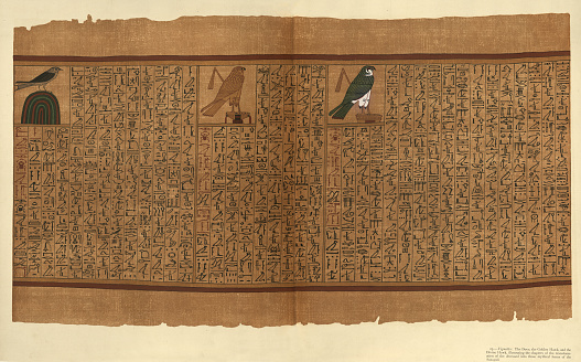 Vintage illustration from the Papyrus of Ani a papyrus manuscript in the form of a scroll with cursive hieroglyphs and color illustrations that was created c. 1250 BCE, during the Nineteenth Dynasty of the New Kingdom of Ancient Egypt.
