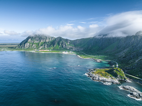 Aerial view over the mountain range in Bleik on Andoya island of northern Norway
