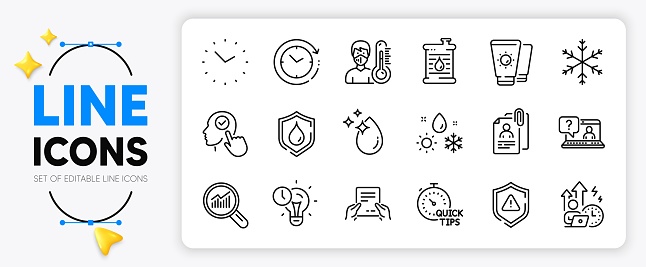 Difficult stress, Waterproof and Time line icons set for app include Attention, Oil barrel, Time management outline thin icon. Faq, Interview documents, Snowflake pictogram icon. Vector
