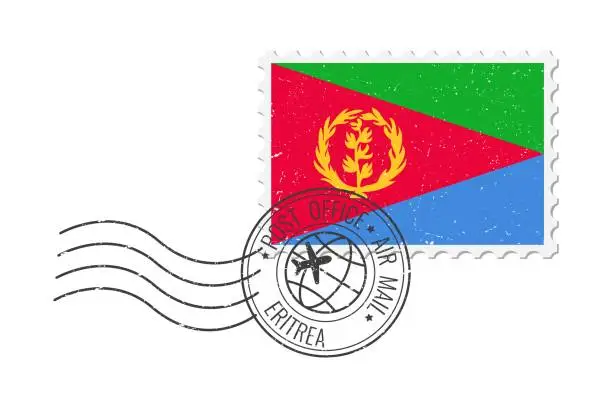 Vector illustration of Eritrea grunge postage stamp. Vintage postcard vector illustration with Eritrean national flag isolated on white background. Retro style.