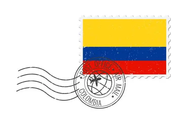 Vector illustration of Colombia grunge postage stamp. Vintage postcard vector illustration with Colombian national flag isolated on white background. Retro style.