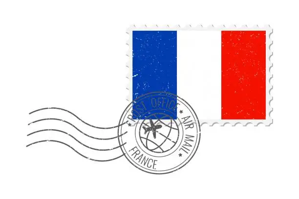 Vector illustration of France grunge postage stamp. Vintage postcard vector illustration with French national flag isolated on white background. Retro style.