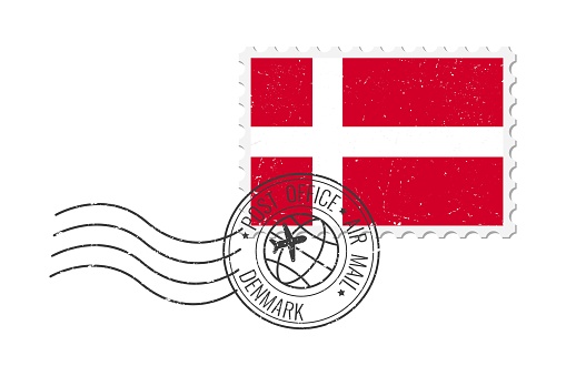 Denmark grunge postage stamp. Vintage postcard vector illustration with Danish national flag isolated on white background. Retro style.