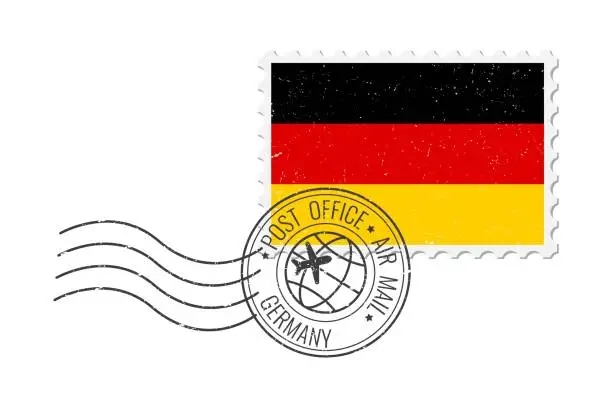 Vector illustration of Germany grunge postage stamp. Vintage postcard vector illustration with German national flag isolated on white background. Retro style.