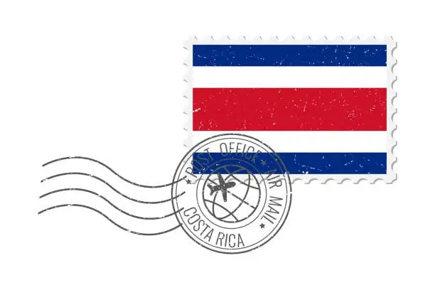 Vector illustration of Costa Rica grunge postage stamp. Vintage postcard vector illustration with Costa Rican national flag isolated on white background. Retro style.