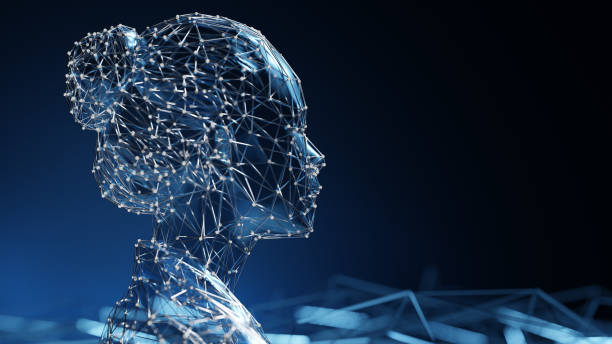 istock Ai concept. Abstract robotic female face and and abstract plexus elements on background 1676616799