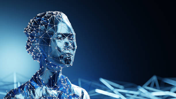 istock Ai concept. Abstract robotic female face and and abstract plexus elements on background 1676617483